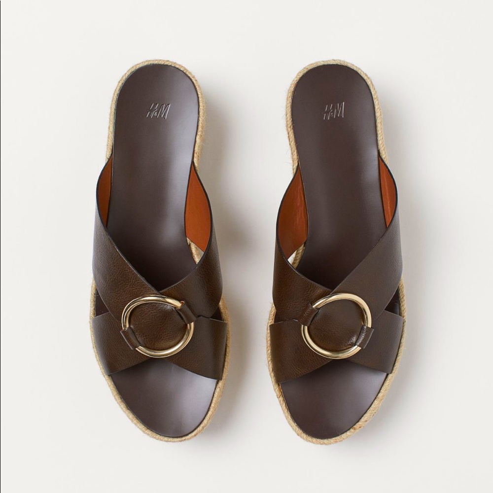H&M Leather Brown Buckle detail Platform Espadrilles